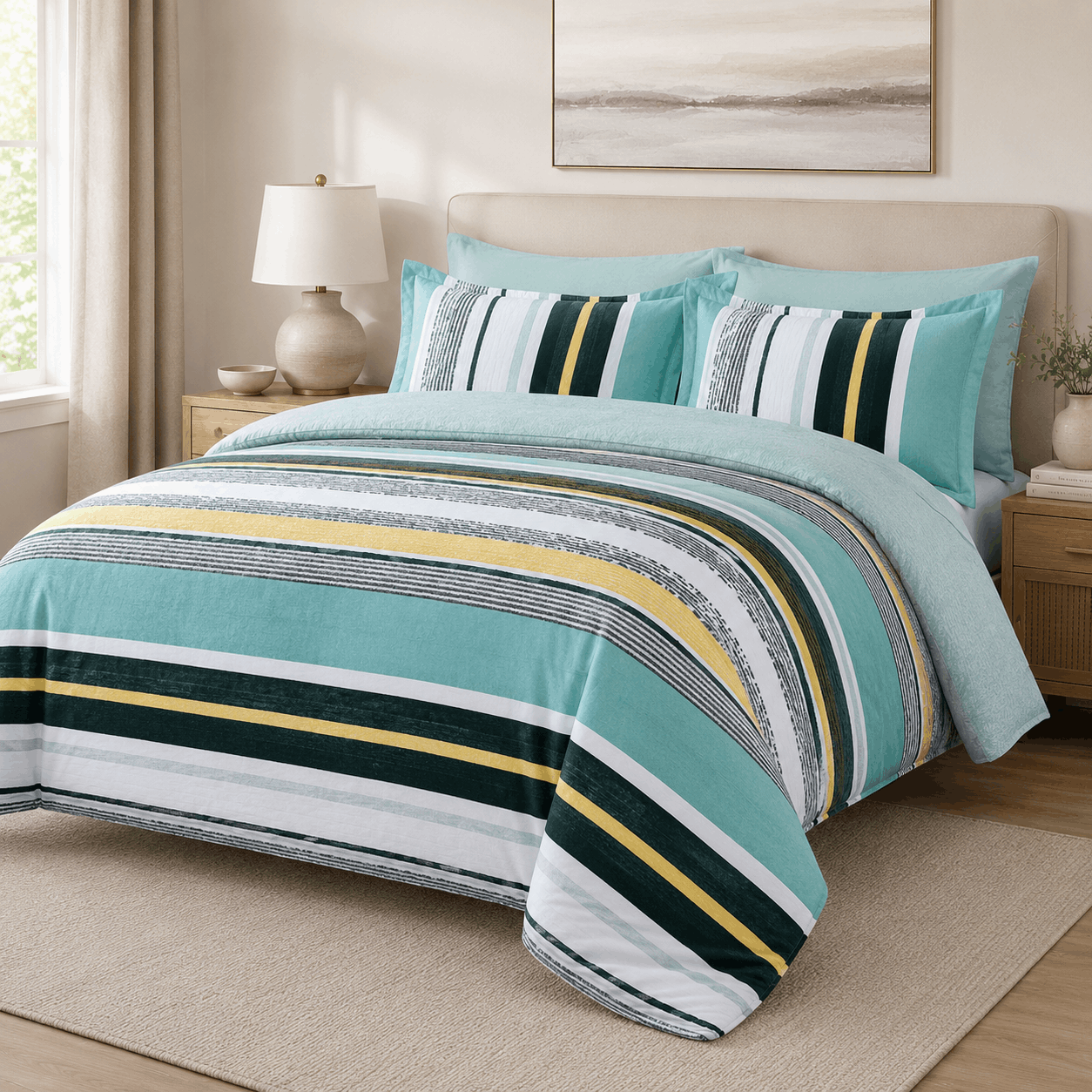 Deluxe Bedspread Set – Wide Stripe Green
