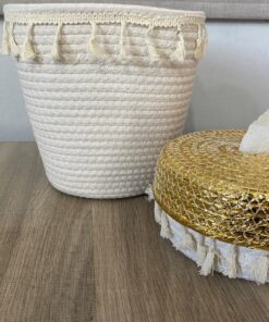 Luxurious Woven Tissue Box & Waste Basket Set – Goldy - Image 3