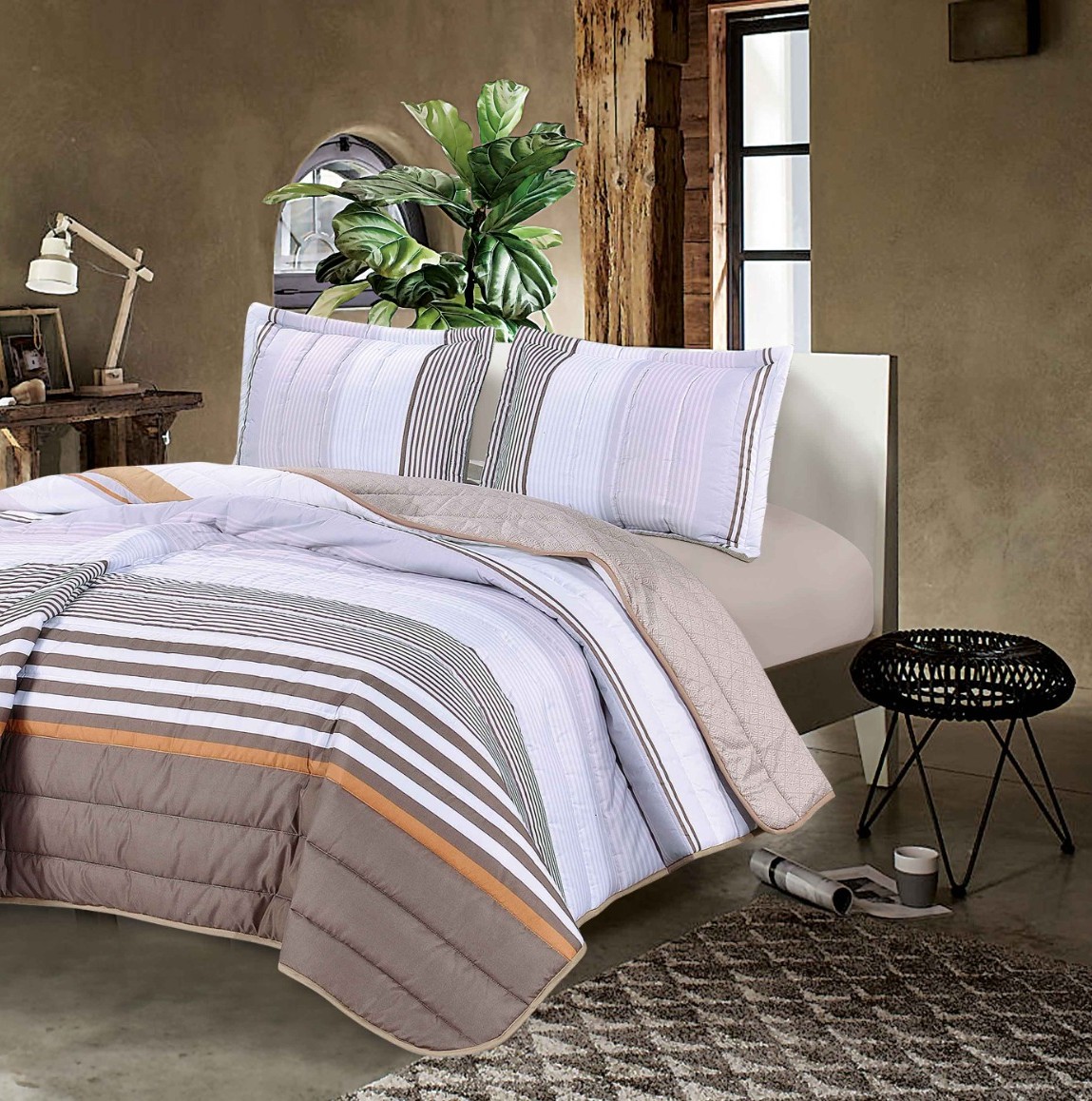 Deluxe Bedspread Set – Browny Stripe