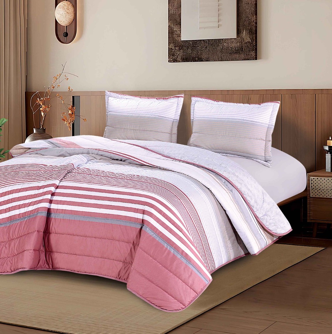 Premium Bedspread Set – Rosy Stripe