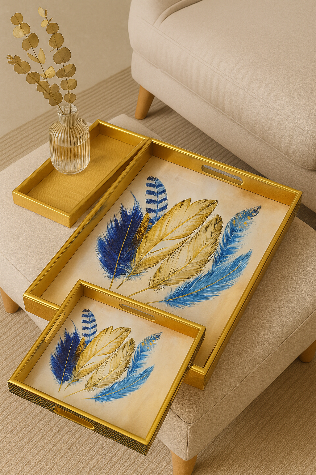 Trays Set of 2 – Blue Feathers
