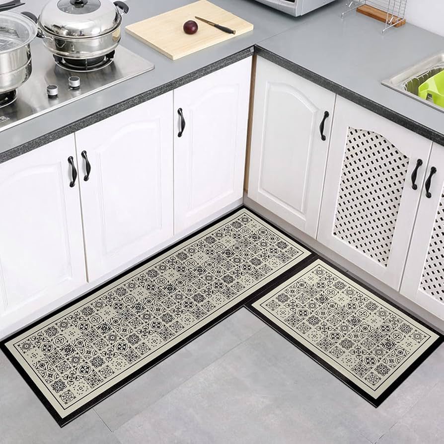 Stylish Kitchen Mat Set of 2 - White and Black