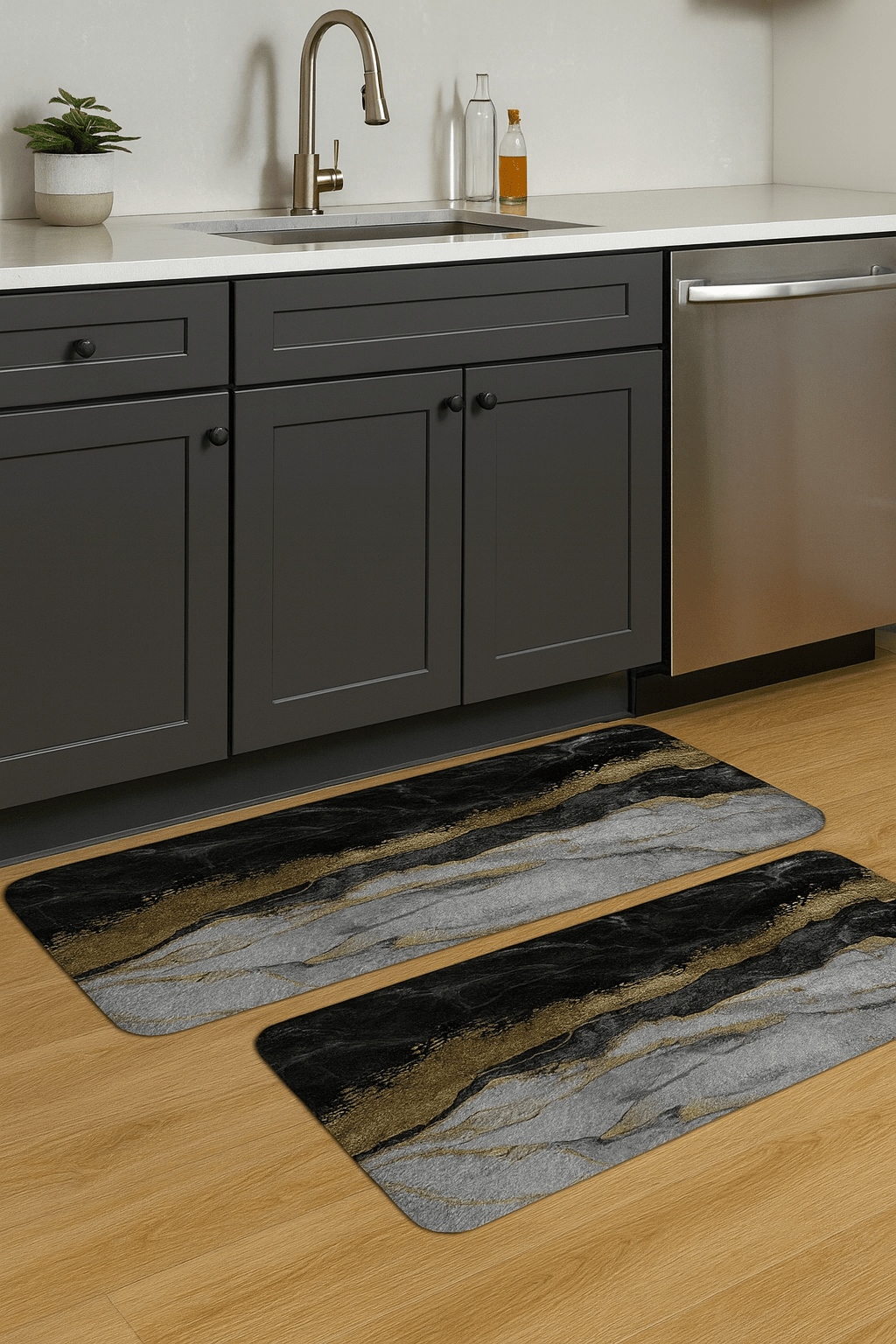 Stylish Kitchen Mat Set of 2 - Black Marble