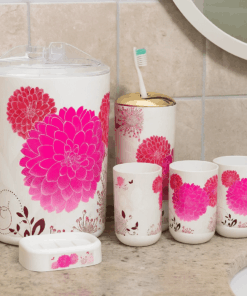 Premium Bathroom Accessories Set 9 Pieces - Vibrant Pink Dahlia
