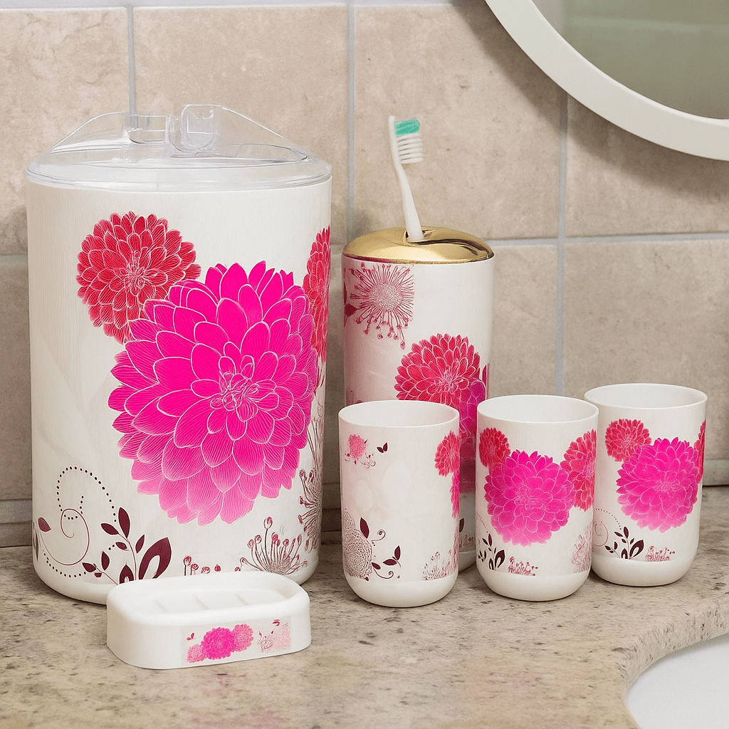 Premium Bathroom Accessories Set 9 Pieces - Vibrant Pink Dahlia