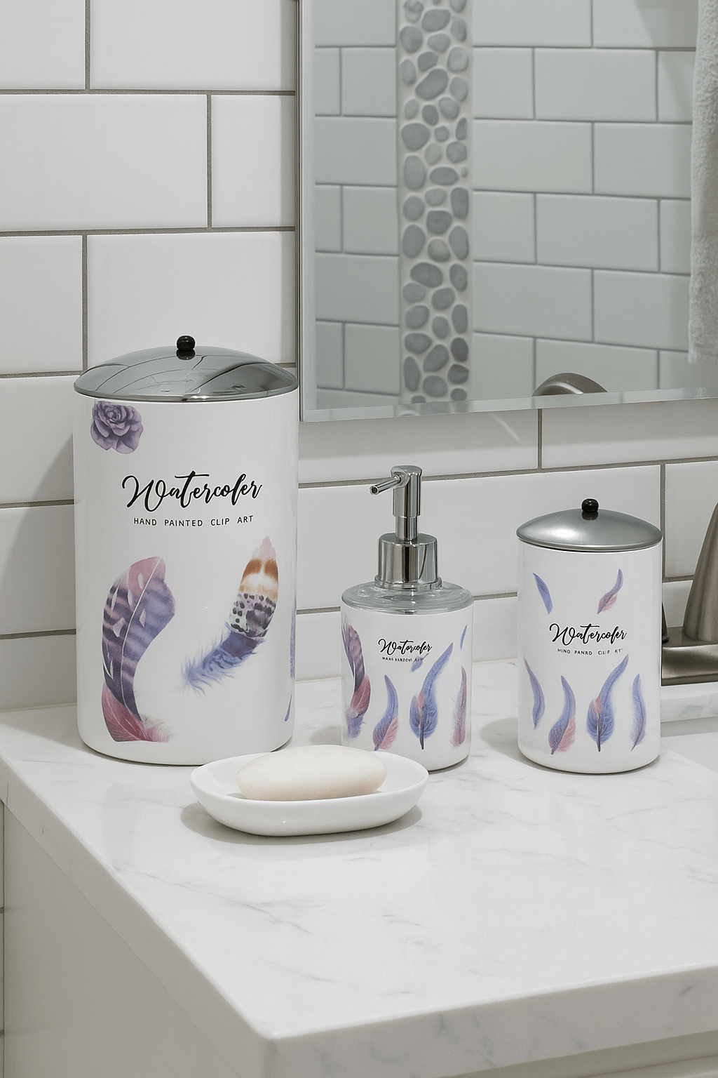 Premium Bathroom Accessories Set 9 Pieces - Feathers