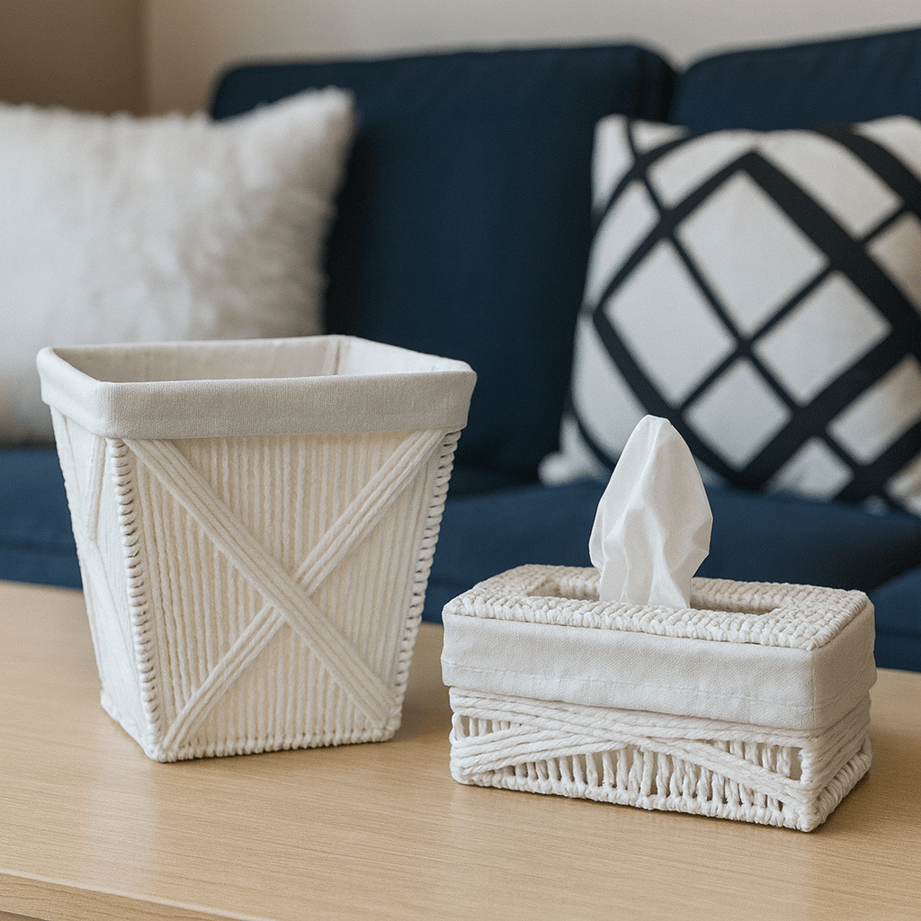 Luxurious Tissue Box & Waste Basket Set – Cross-Weave