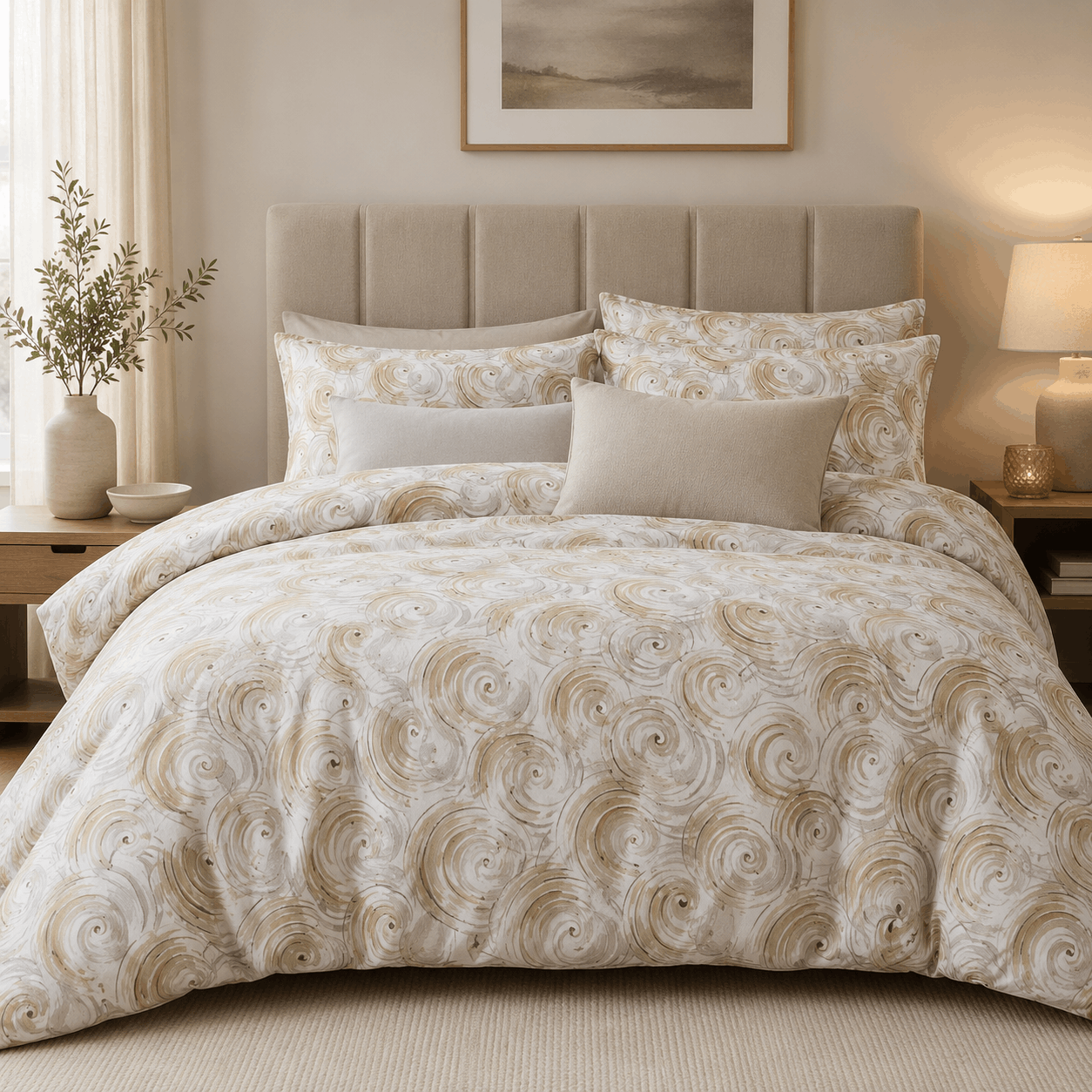 Deluxe Cotton Duvet Cover Set – Golden Swirl Elegance